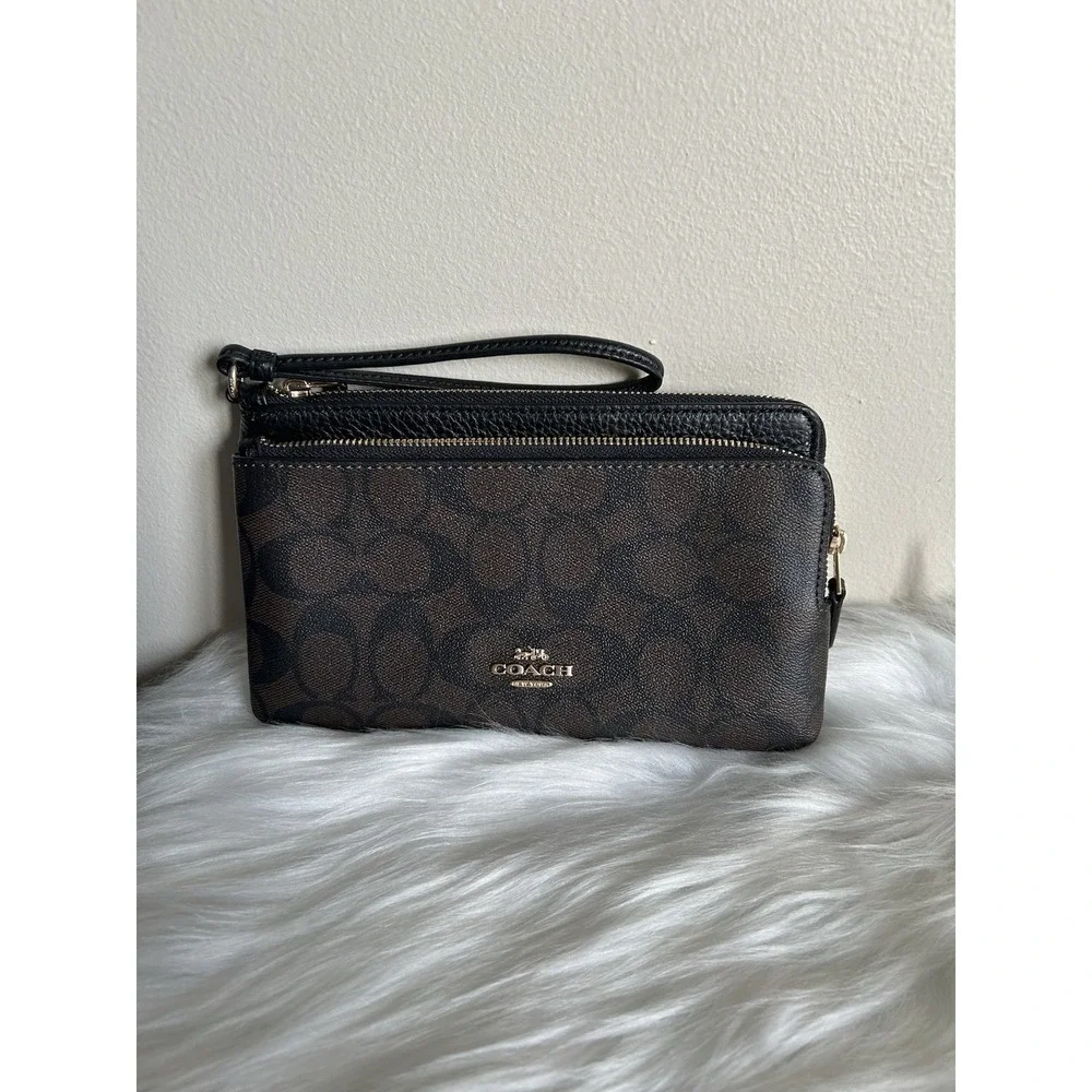 Coach Signature Double Zip Wallet Brown Black Canvas Leather New